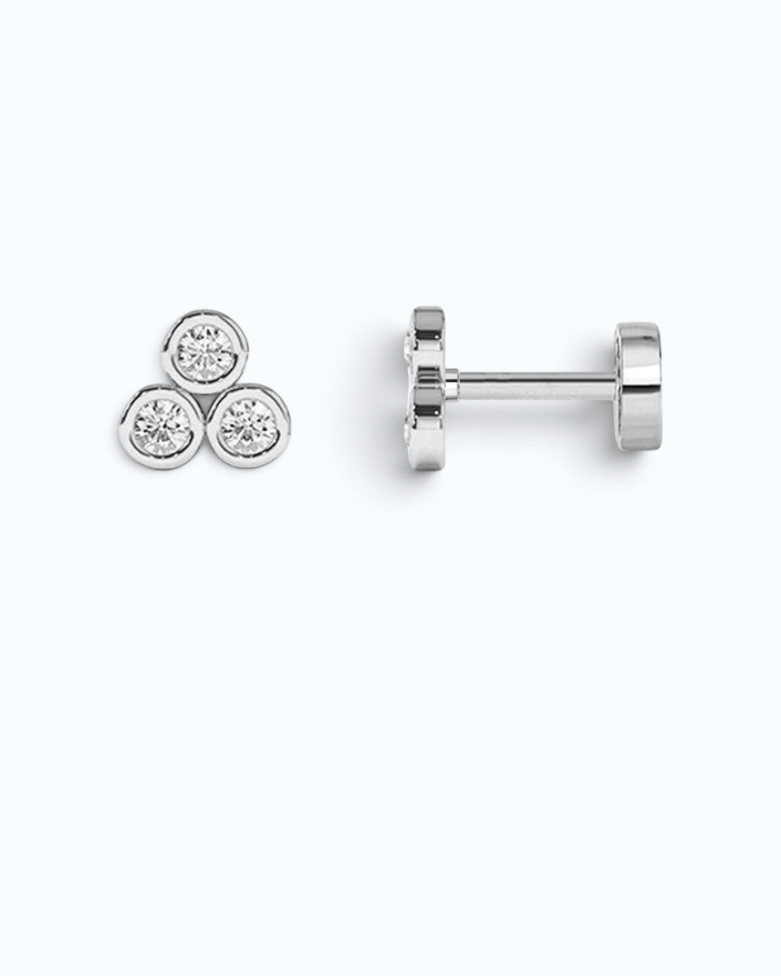 Pearlystones three stone cubic zirconia triangle stud earring in sterling silver with a comfortable flat back design.
