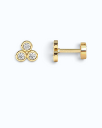 Pearlystones three stone flat back stud earring in gold-plated sterling silver with cubic zirconia triangle design.