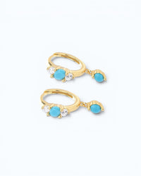 Pearlystones gold hoop earrings with turquoise drop and cubic zirconia accents.