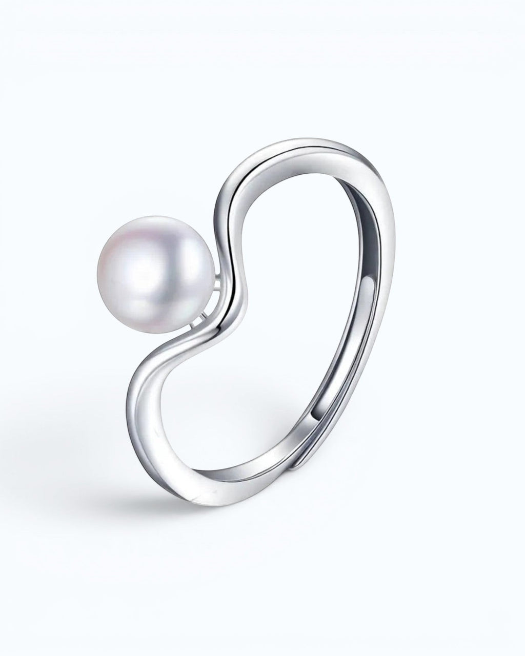 Pearlystones minimalist V-shaped adjustable ring featuring a lustrous white freshwater pearl in a silver-tone finish.