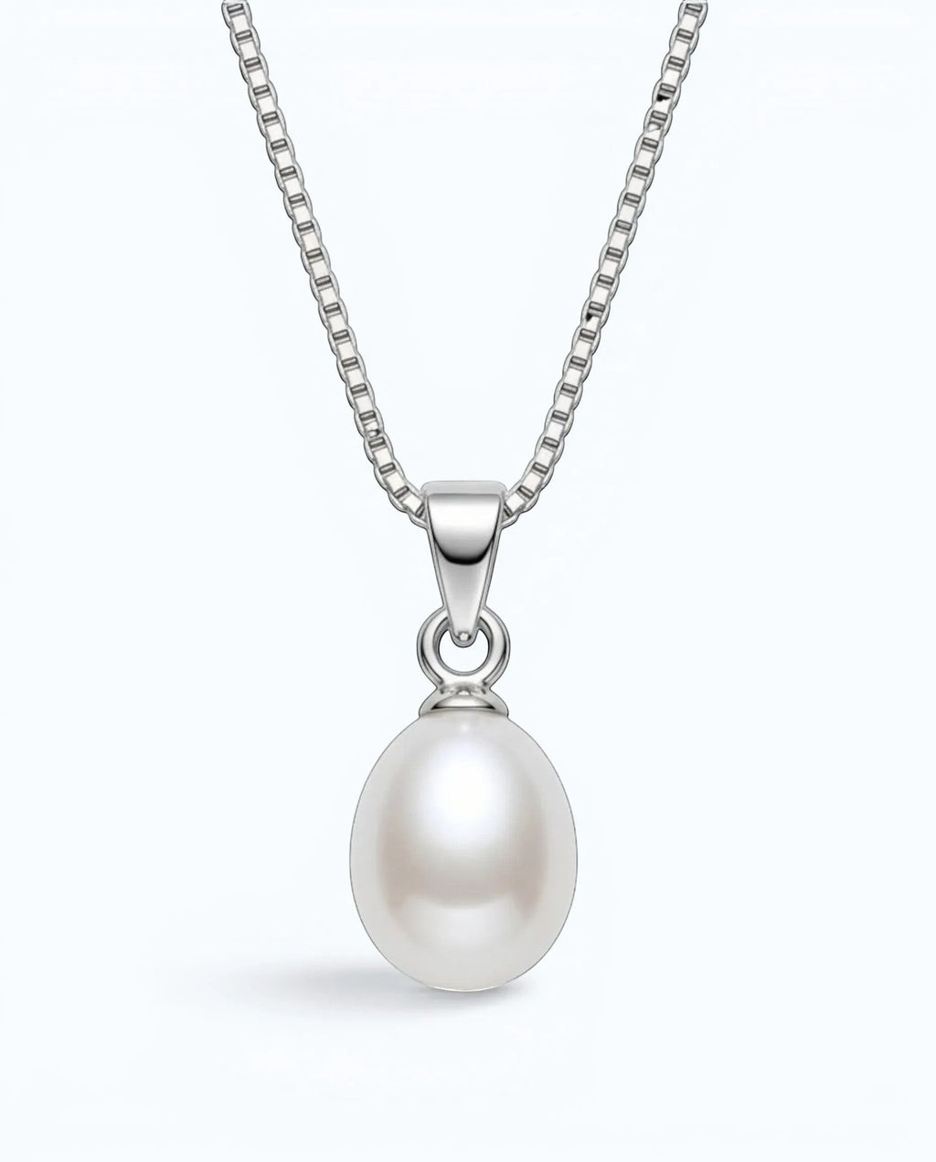 Pearlystones white teardrop pearl pendant on a delicate rhodium plated silver chain