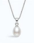Pearlystones white teardrop pearl pendant on a delicate rhodium plated silver chain