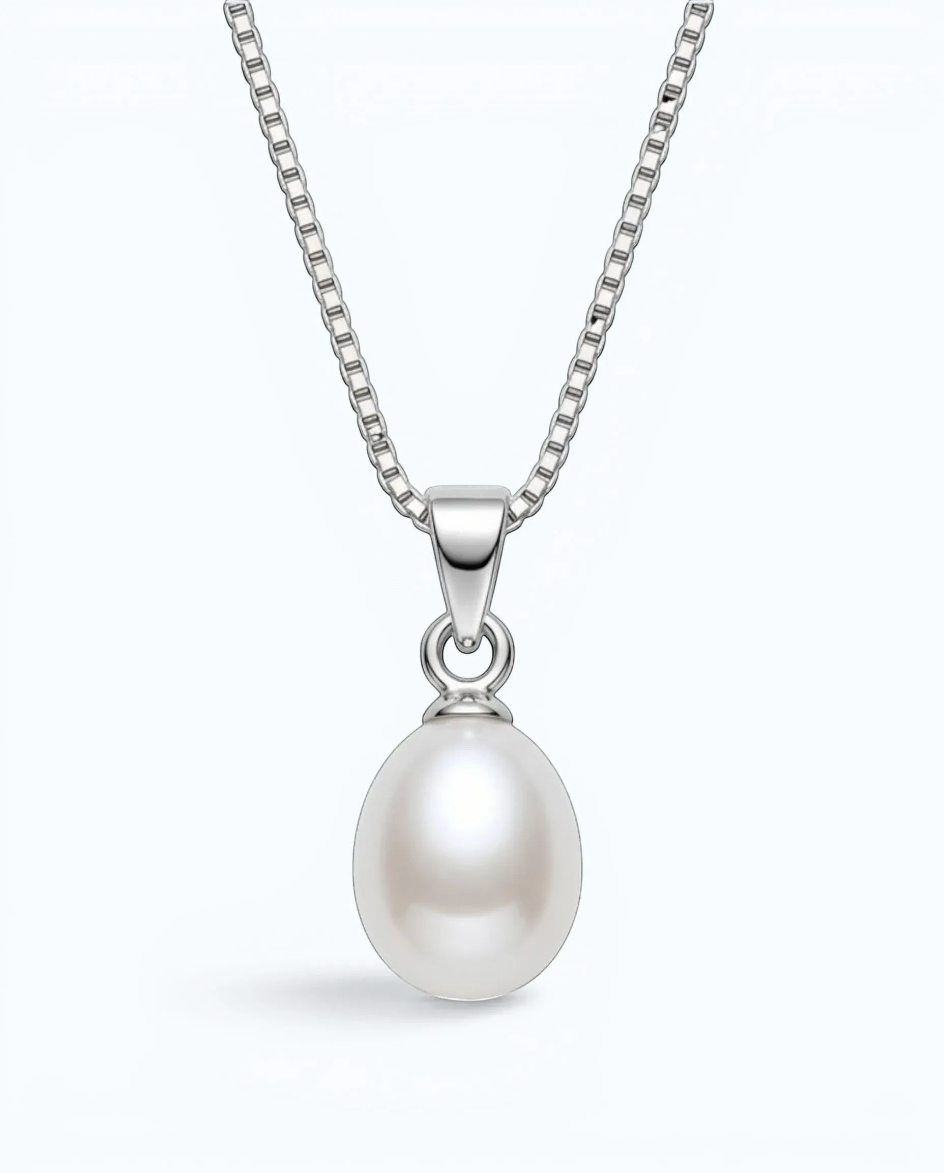 Pearlystones white teardrop pearl pendant on a delicate rhodium plated silver chain