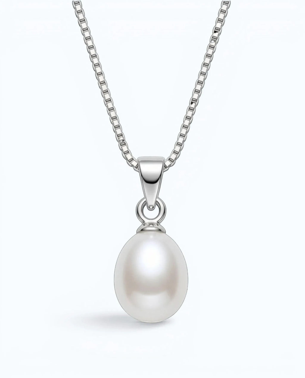 Pearlystones white teardrop pearl pendant on a delicate rhodium plated silver chain