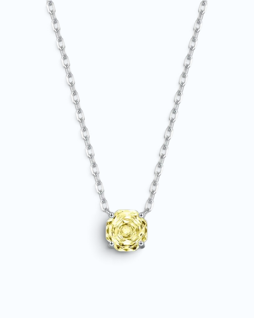 Pearlystones yellow zircon pendant necklace with an octagonal rose cut stone set in rhodium-plated sterling silver.