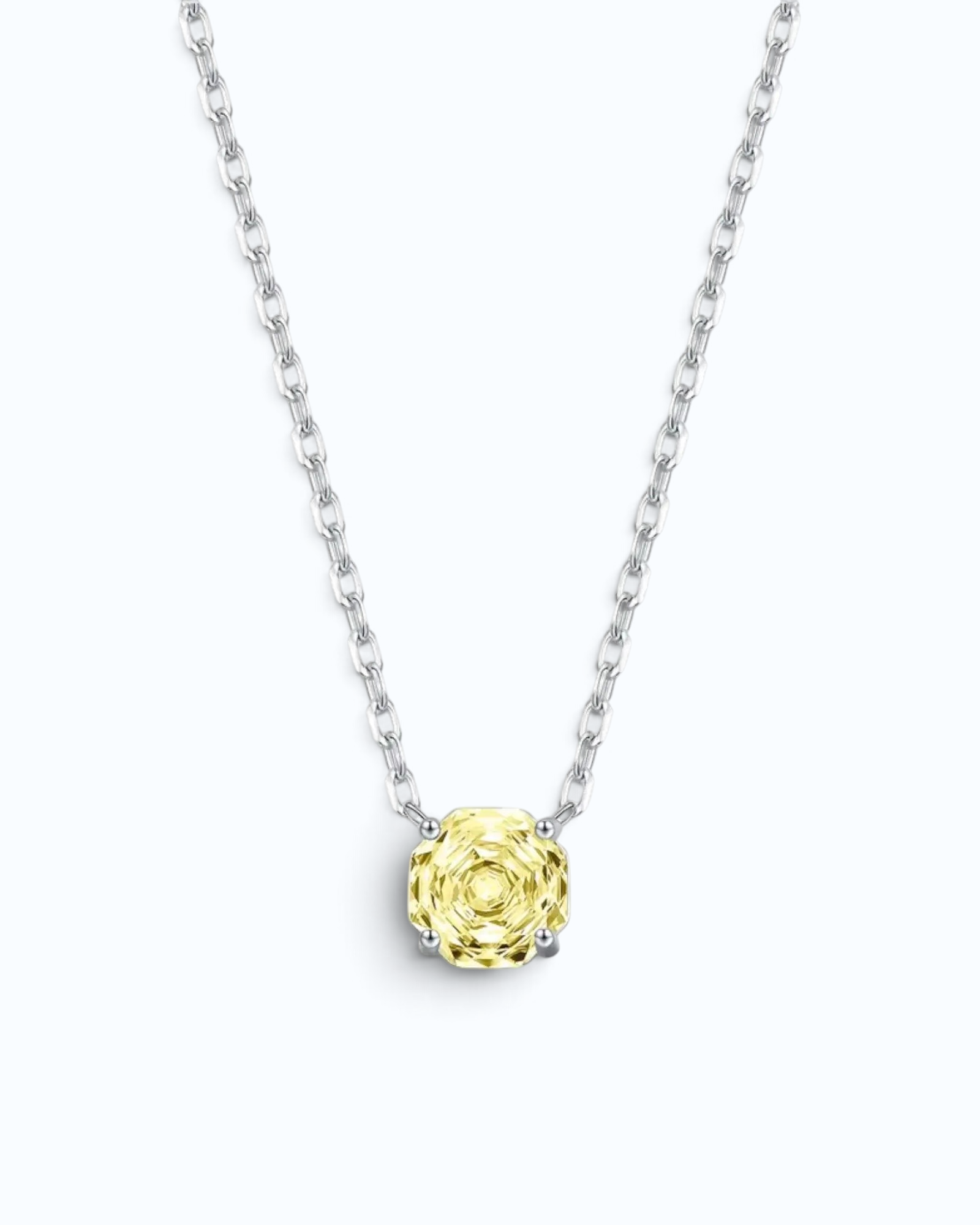 Pearlystones yellow zircon pendant necklace with an octagonal rose cut stone set in rhodium-plated sterling silver.
