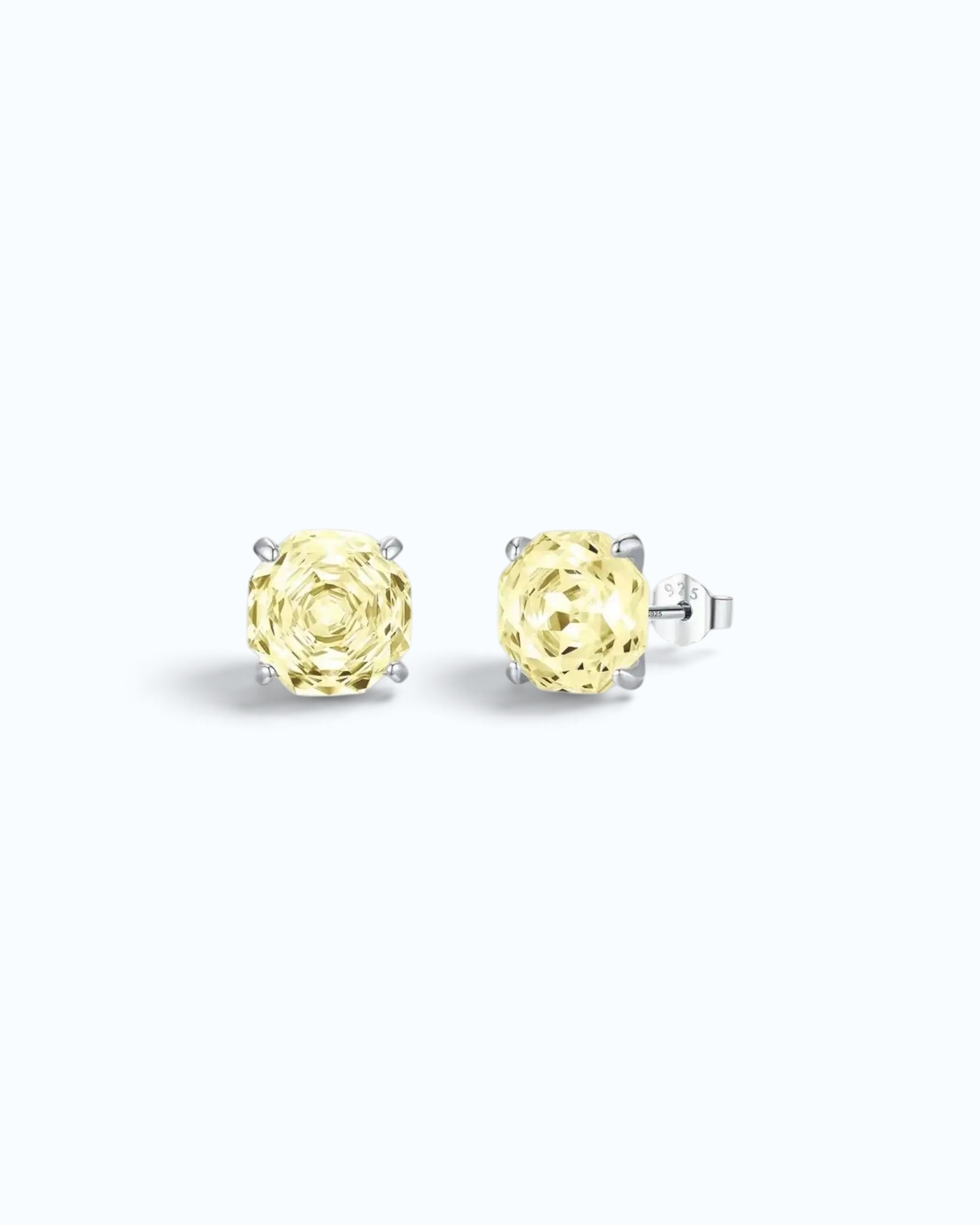 Pearlystones octagonal rose cut yellow zircon stud earrings in rhodium-plated sterling silver