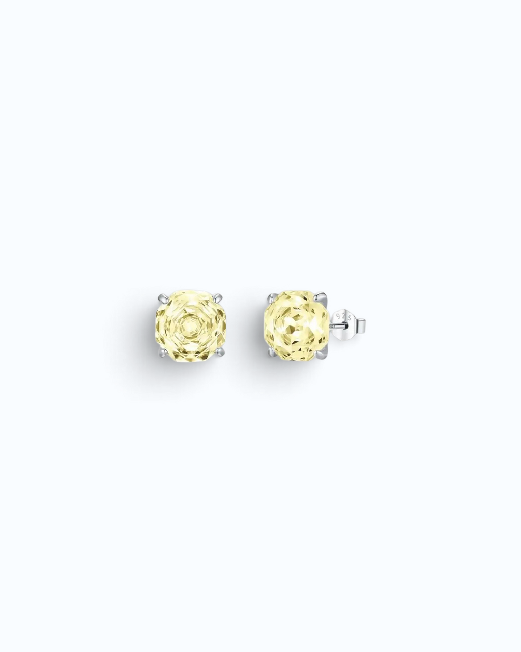 Pearlystones octagonal rose cut yellow zircon stud earrings in rhodium-plated sterling silver.