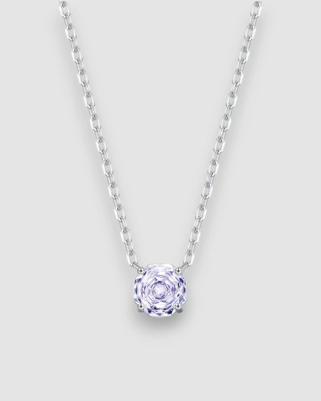 Octagonal rose cut lavender zircon pendant necklace in silver on a delicate chain.