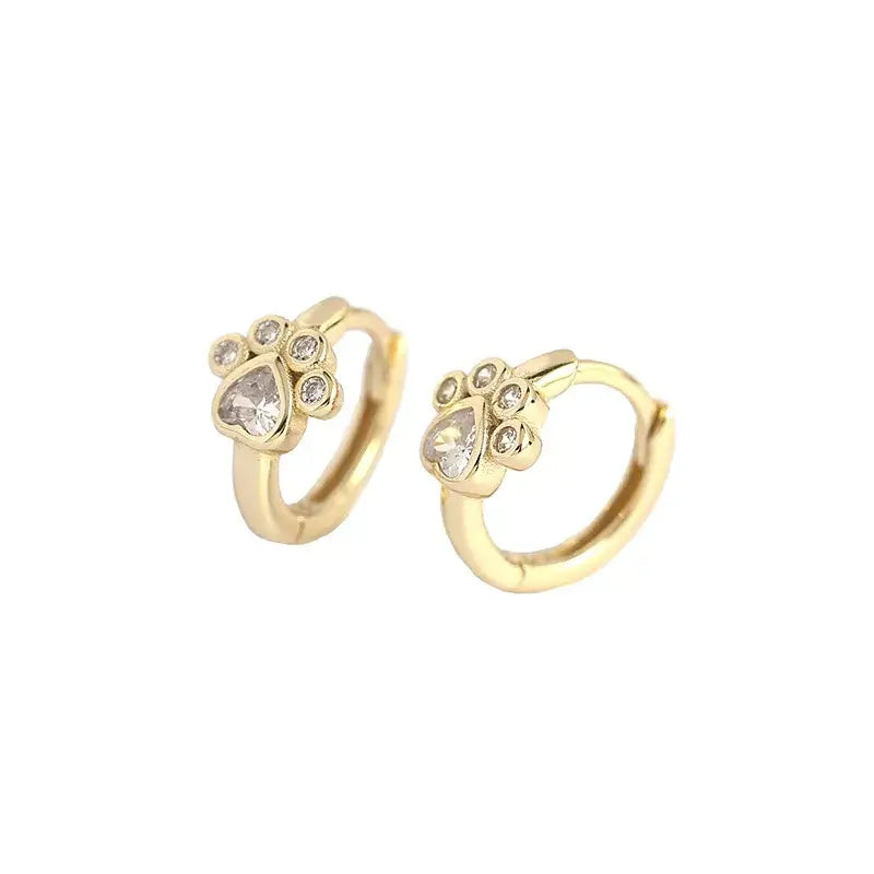 Gold cat footprint hoop earrings with sparkling crystals, perfect for everyday elegance and cat lovers.