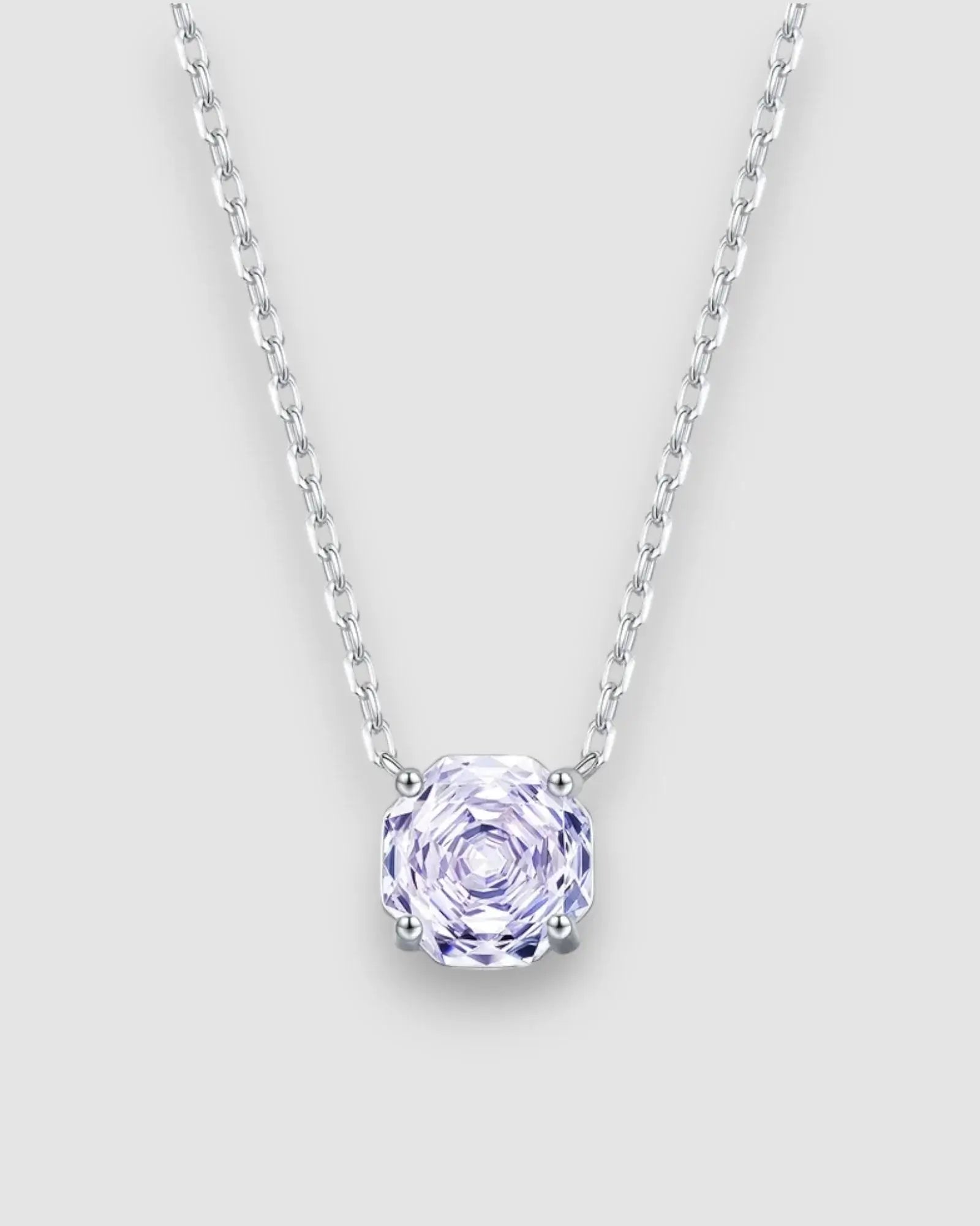 Lavender zircon pendant necklace featuring an octagonal rose cut stone in rhodium-plated sterling silver.