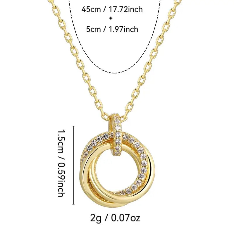 Three-Loop Pendant Necklace featuring sterling silver and gold plating, elegant design, 45+5 cm length, 1.5 cm pendant size.