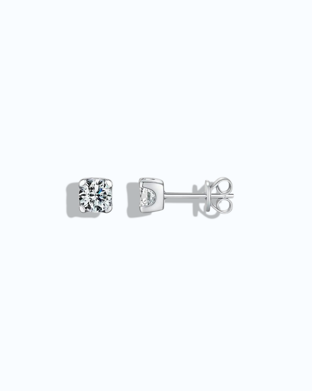 5mm Round brilliant cut moissanite studs displayed on a light gray background.