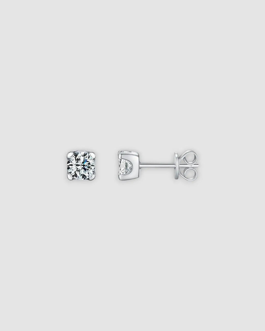 5mm Round brilliant cut moissanite studs displayed on a light gray background.
