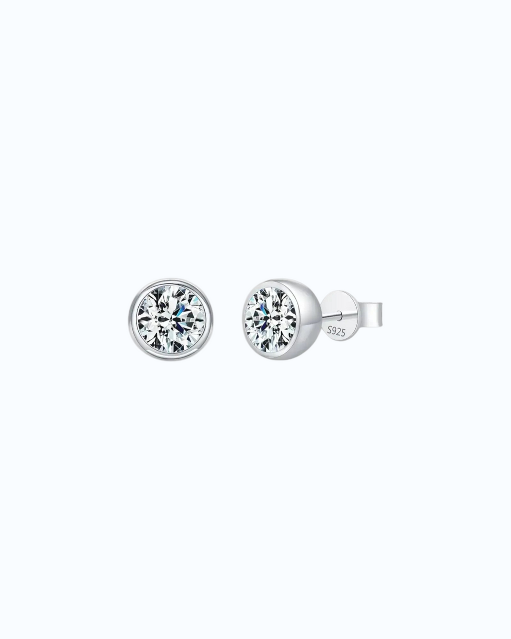 2Ct Round Bubble Moissanite studs in sterling silver with a rhodium finish, featuring a modern bezel setting.