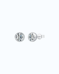 2Ct Round Bubble Moissanite studs in sterling silver with a rhodium finish, featuring a modern bezel setting.