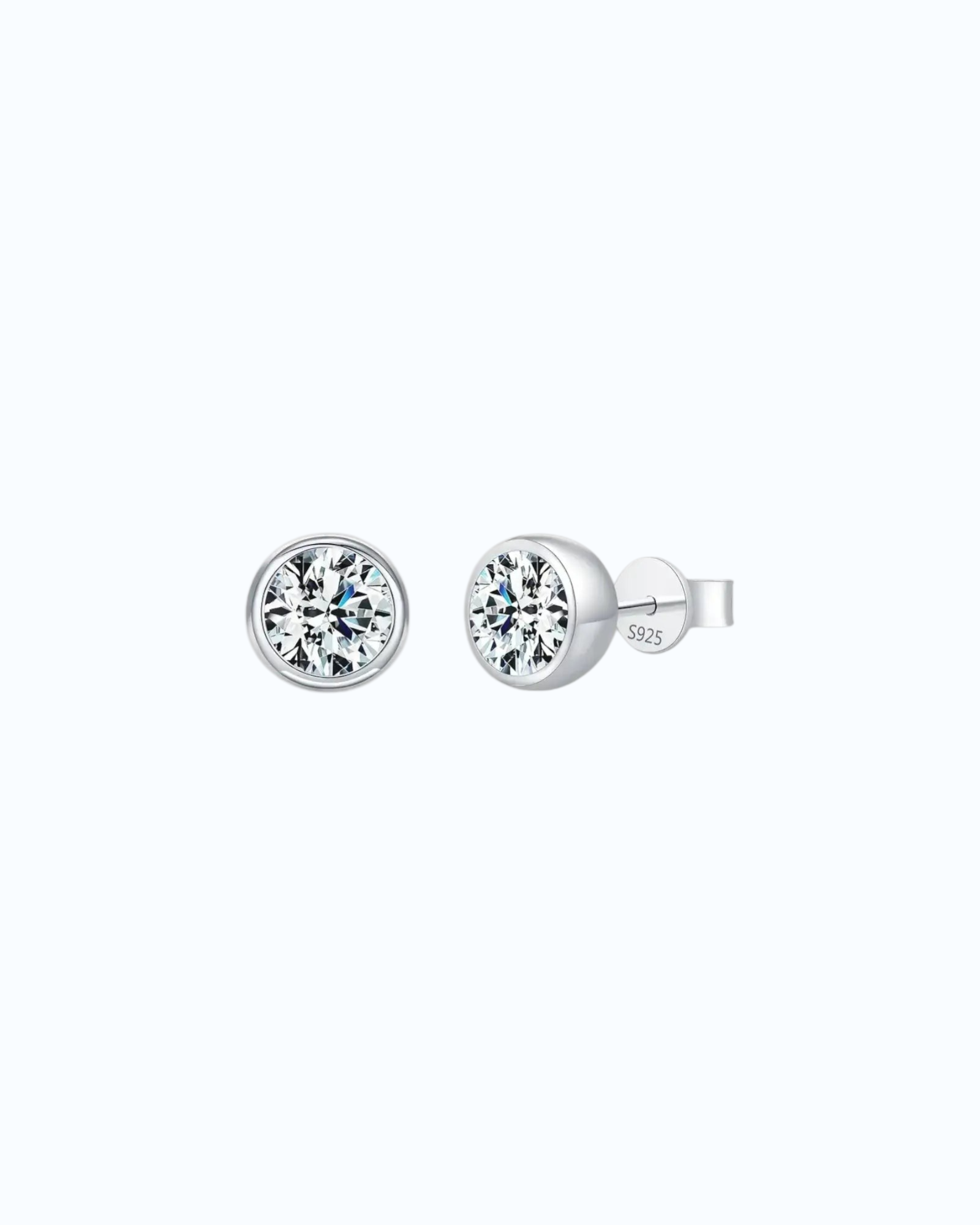 2Ct Round Bubble Moissanite studs in sterling silver with a rhodium finish, featuring a modern bezel setting.
