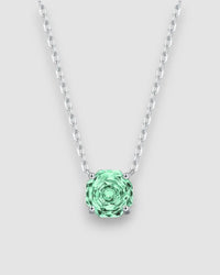 Octagonal rose cut green zircon pendant necklace in silver on a chain, showcasing a vibrant gem.