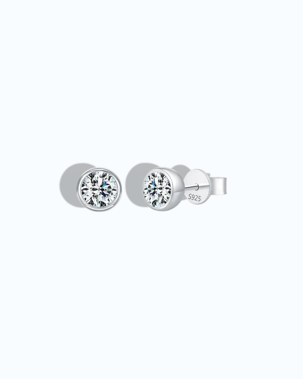 1Ct Round Bubble moissanite studs in sterling silver with rhodium finish, featuring a modern bezel setting.