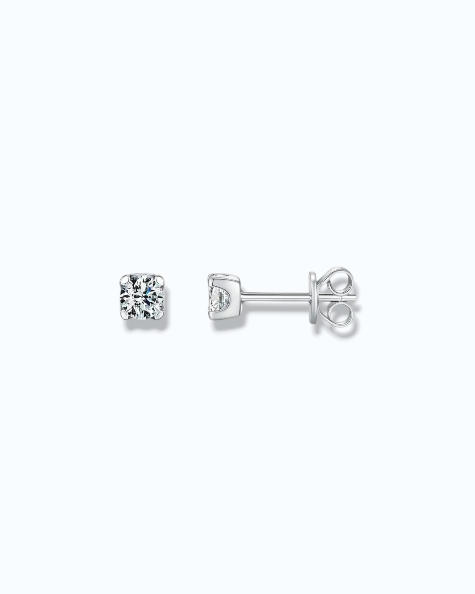 4mm Round brilliant cut moissanite studs in sterling silver with rhodium finish, showcasing classic prong setting.