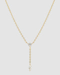 Radiant Lariat necklace with adjustable cable chain and brilliant cut zirconia, showcasing versatile elegance.