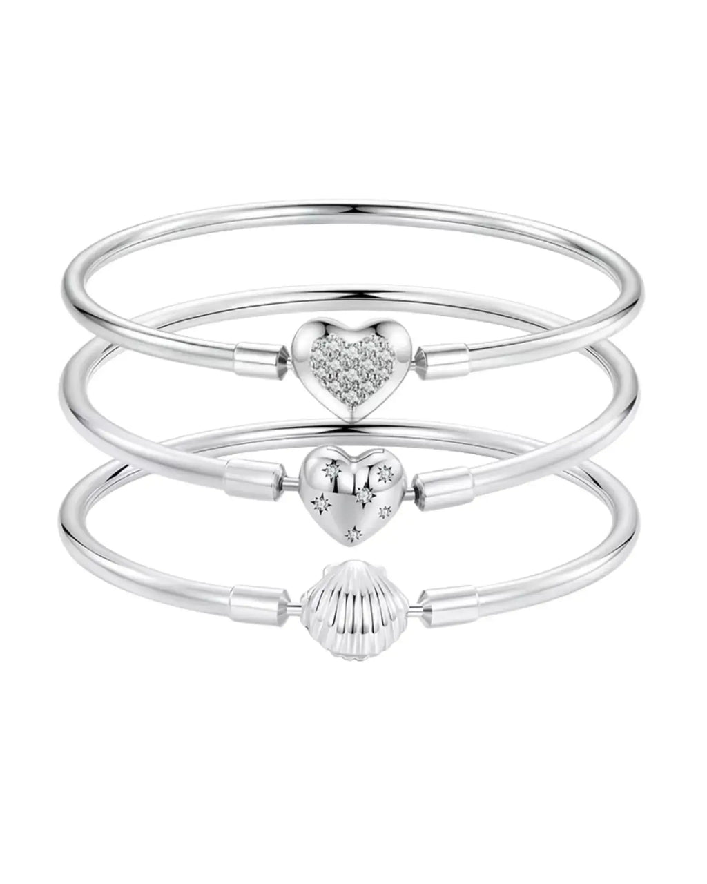 Shimmering Heart Bangle Bracelet set in 925 Sterling silver with three stunning designs, perfect for stacking or solo wear.