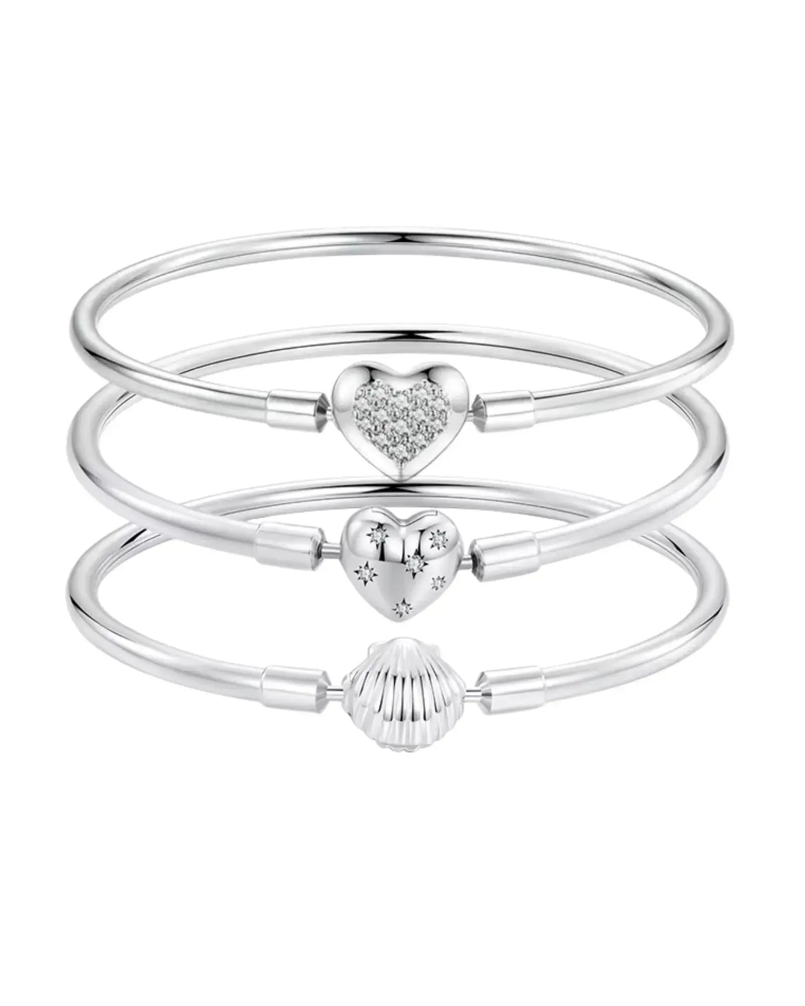 Shimmering Heart Bangle Bracelet set in 925 Sterling silver with three stunning designs, perfect for stacking or solo wear.