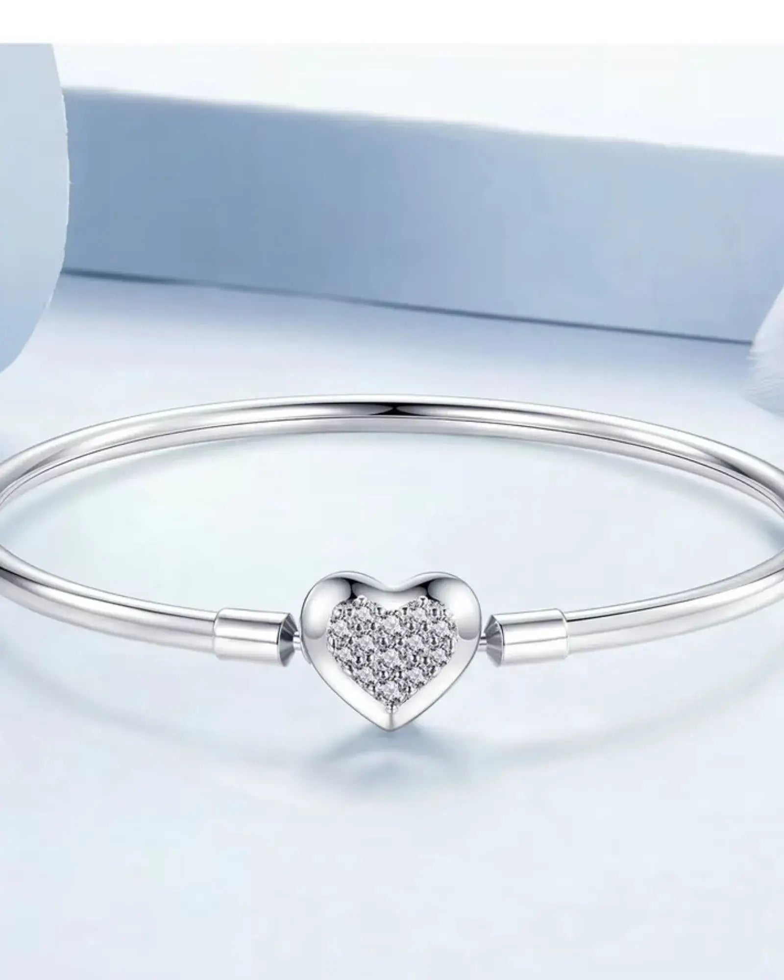 Shimmering Heart Bangle Bracelet in 925 Sterling silver with three layer white gold plating, ideal for stacking or solo wear.