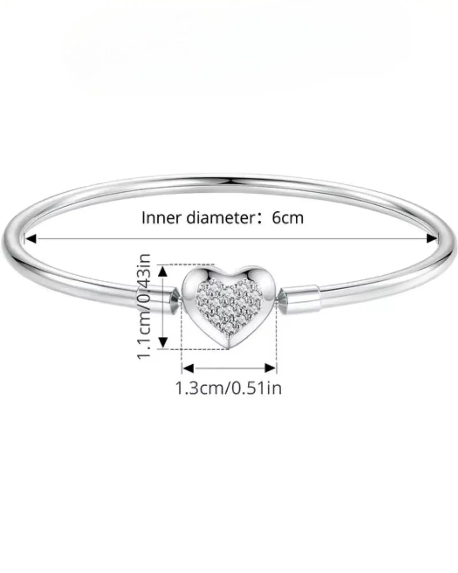 Shimmering Heart Bangle Bracelet in 925 Sterling silver, featuring a heart design and precise measurements for a perfect fit.
