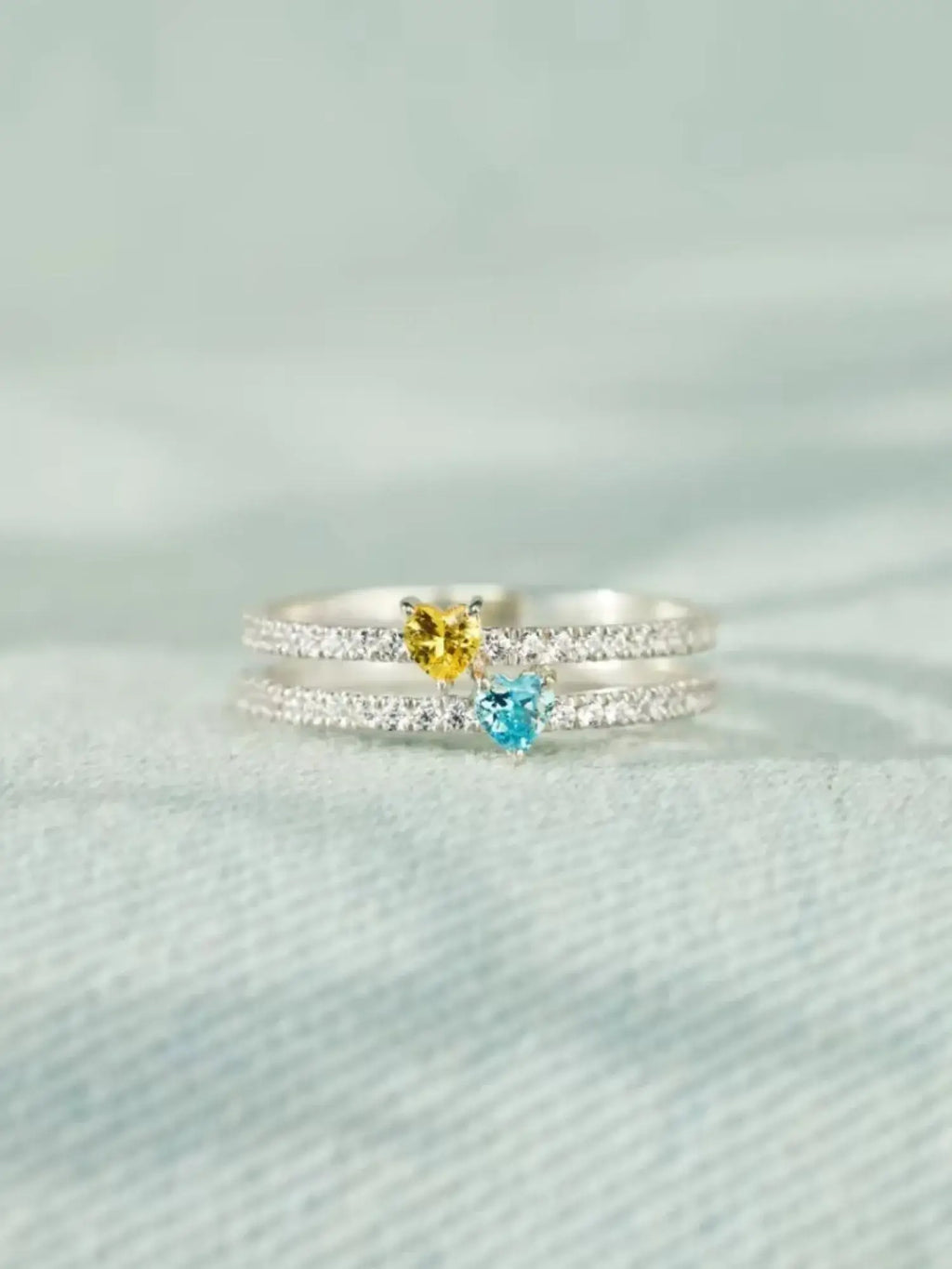 Two Heart Colourful Zircon Ring in 925 sterling silver with yellow and blue heart-shaped zircons.