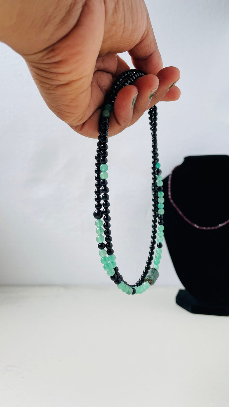 Moss Agate Long Necklace for Women | Aventurine and Black Tourmaline Gemstone Jewelry"