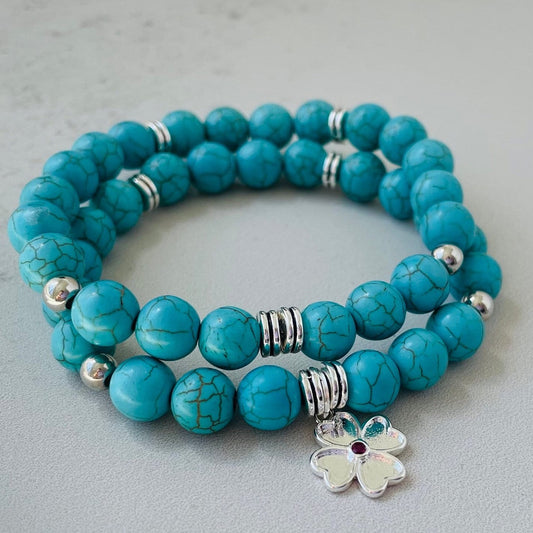 Genuine Turquoise adjustable Bracelet set with clover charm in Sterling silver, Men & Women yoga Meditation bracelet