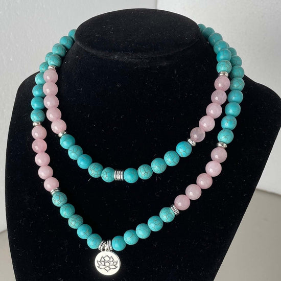 Turquoise, Rose quartz Long Necklace with silver Lotus Pendant, Unique gift for your grandparents, Healing energy natural gemstone necklace.