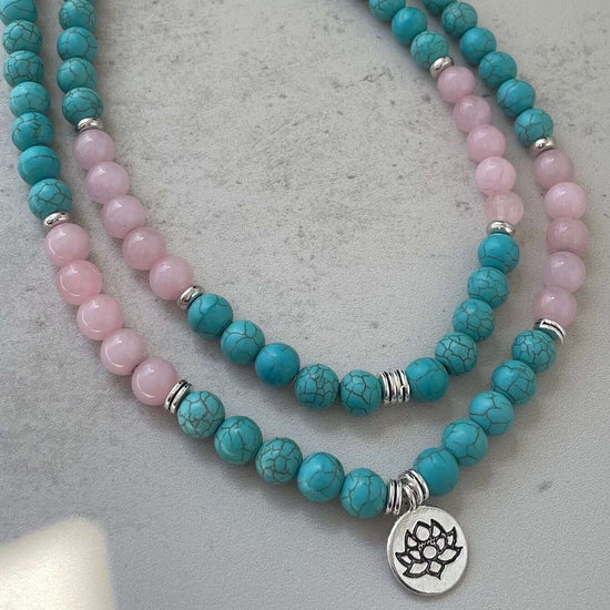 Turquoise, Rose quartz Long Necklace with silver Lotus Pendant, Unique gift for your grandparents, Healing energy natural gemstone necklace.