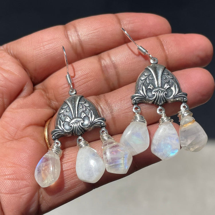 Natural Rainbow moonstone dangle earring in Antique silver , Gift for your girl friend