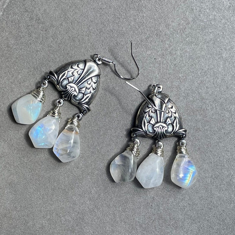 Natural Rainbow moonstone dangle earring in Antique silver , Gift for your girl friend