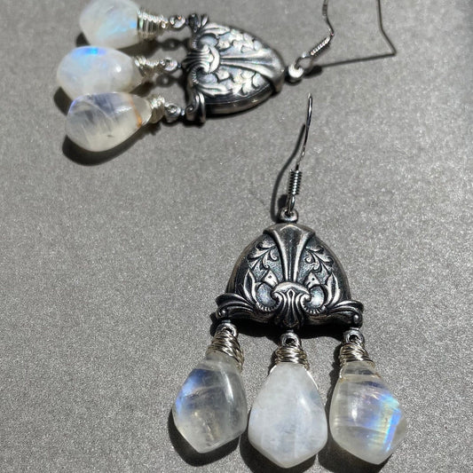 Natural Rainbow moonstone dangle earring in Antique silver , Gift for your girl friend