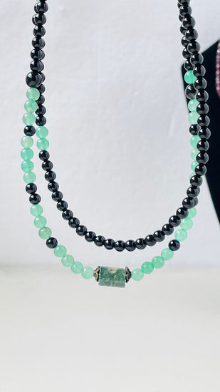 Moss Agate Long Necklace for Women | Aventurine and Black Tourmaline Gemstone Jewelry"