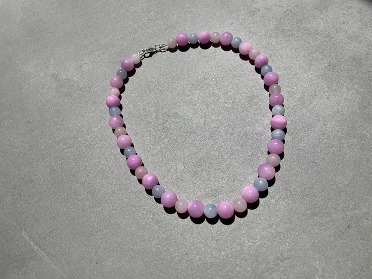 25 inches Kunzite, Rose quartz, aquamarine statement necklace in silver for women, February birthstone jewellery.