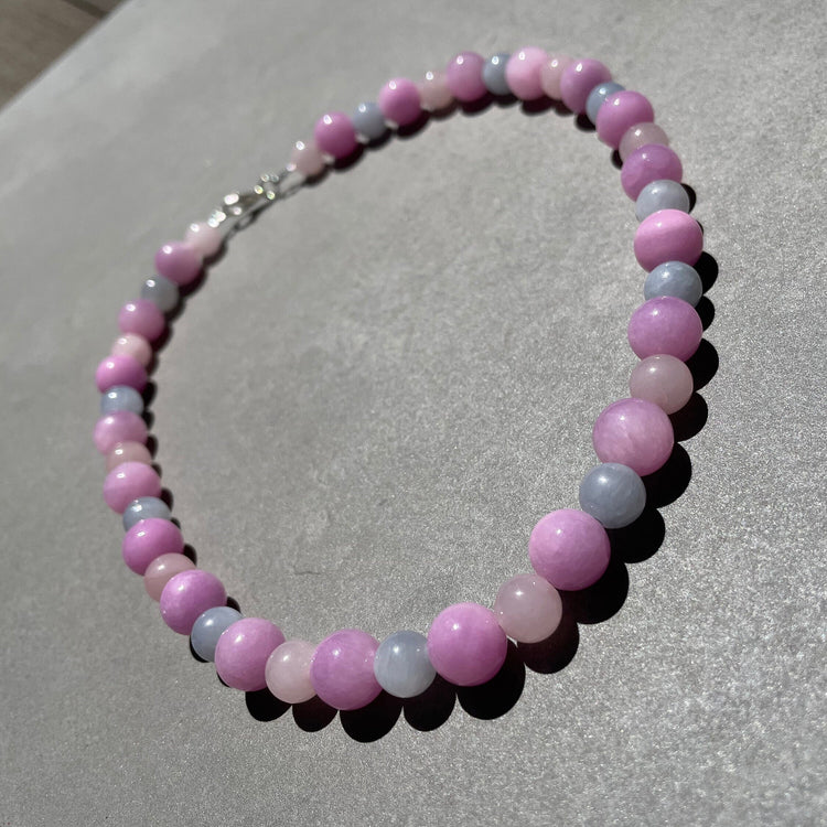 25 inches Kunzite, Rose quartz, aquamarine statement necklace in silver for women, February birthstone jewellery.