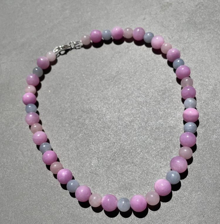 25 inches Kunzite, Rose quartz, aquamarine statement necklace in silver for women, February birthstone jewellery.