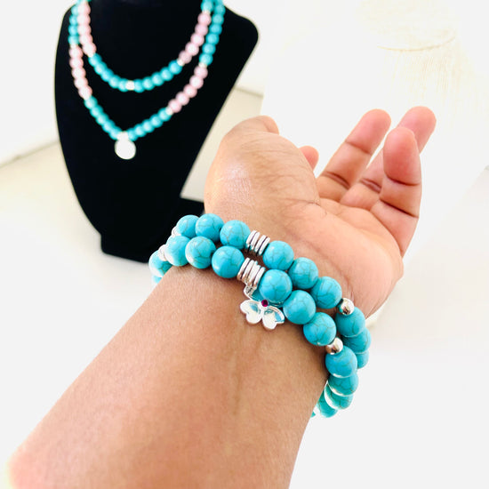 Genuine Turquoise adjustable Bracelet set with clover charm in Sterling silver, Men & Women yoga Meditation bracelet