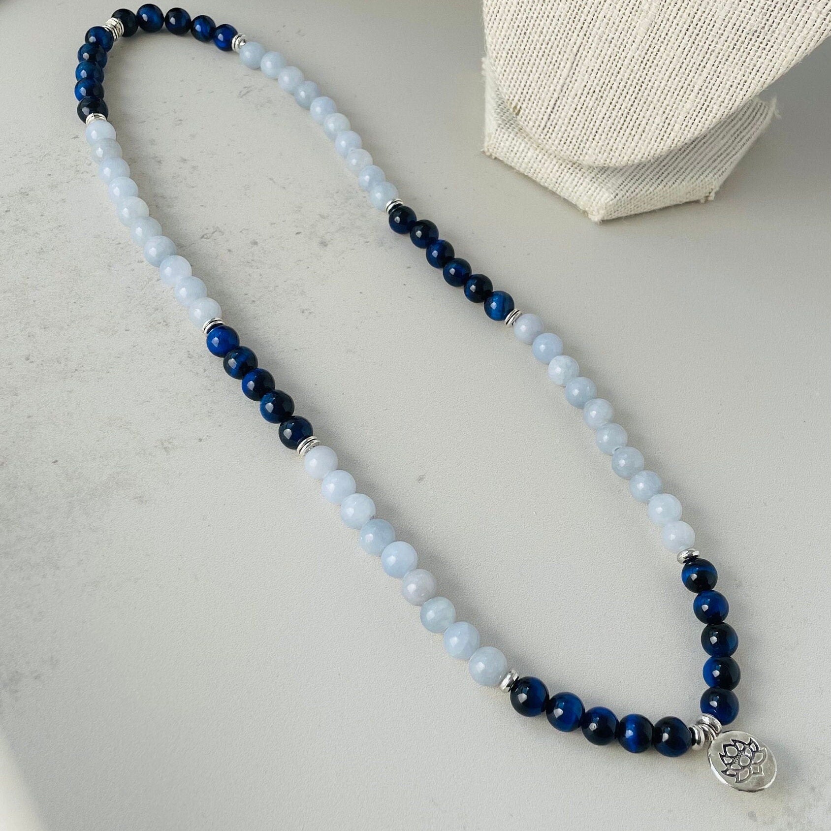 Natural Aquamarine, Tiger's eye Long mala necklace – Pearlystones jewellery