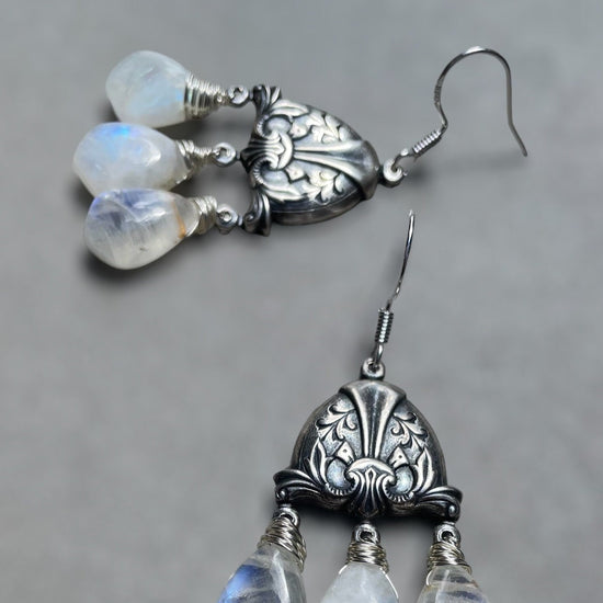 Natural Rainbow moonstone dangle earring in Antique silver , Gift for your girl friend