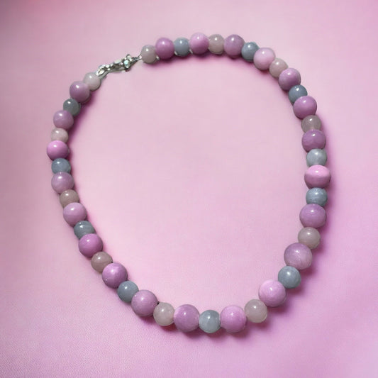 25 inches Kunzite, Rose quartz, aquamarine statement necklace in silver for women, February birthstone jewellery.