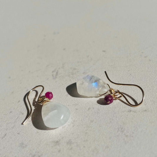 Genuine Ruby and Natural Rainbow Moonstone Drop Earring