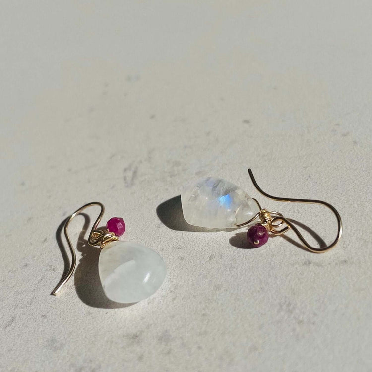 Handcrafted 14k gold filled moonstone and ruby earrings