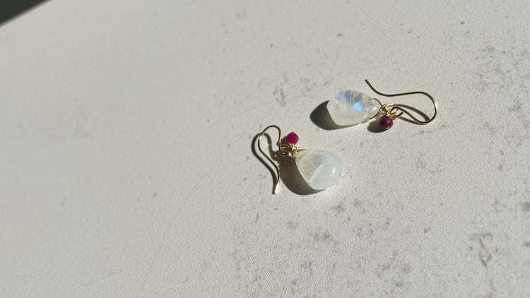 Handcrafted 14k gold filled moonstone and ruby earrings