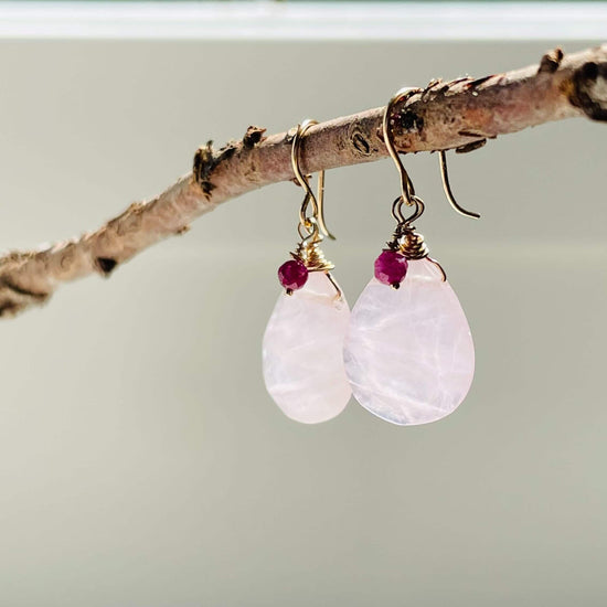 a pair of earrings hanging from a tree branch